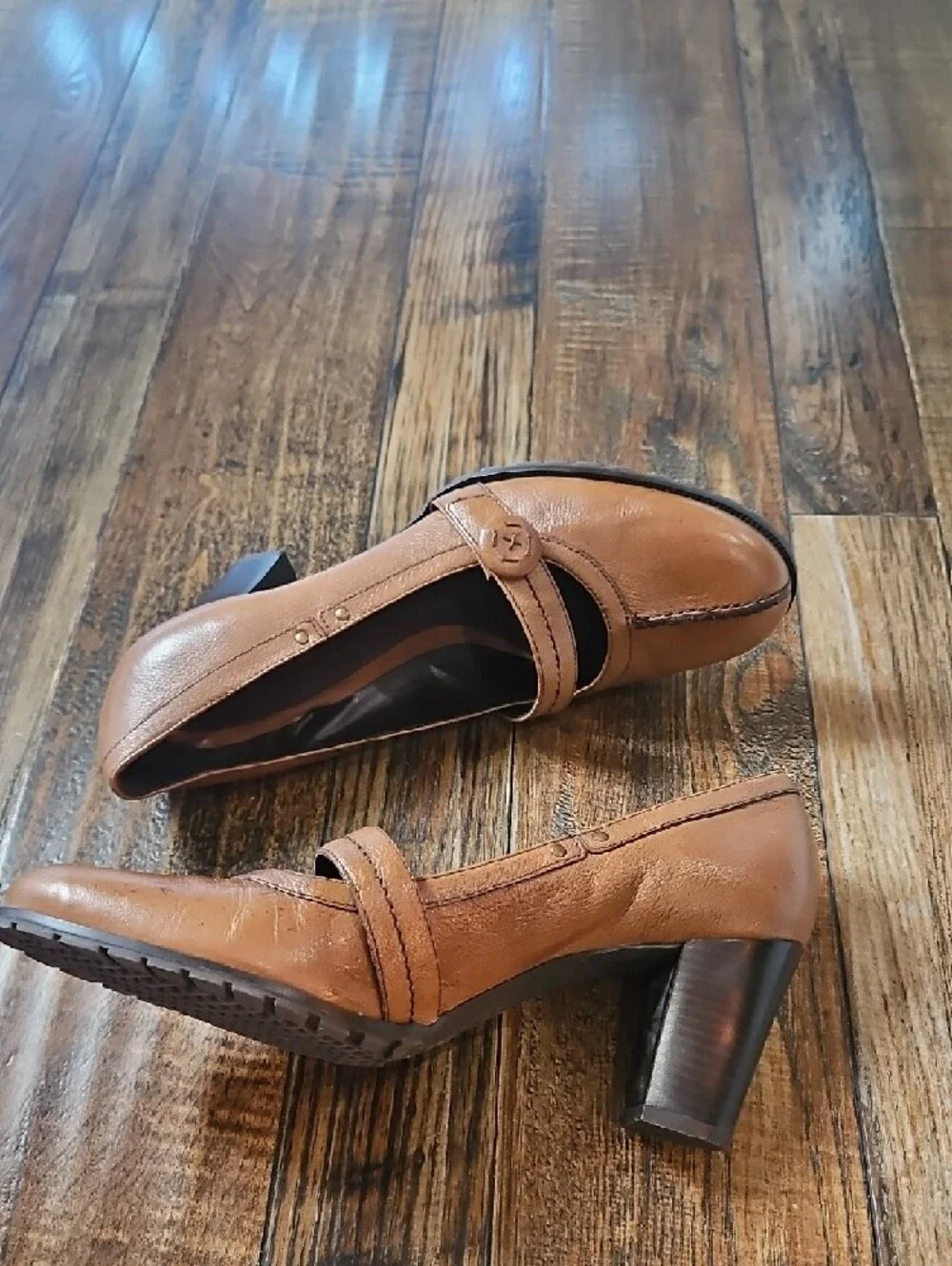 AEROSOLES Brown Leather Mary Jane Block Heel Pumps